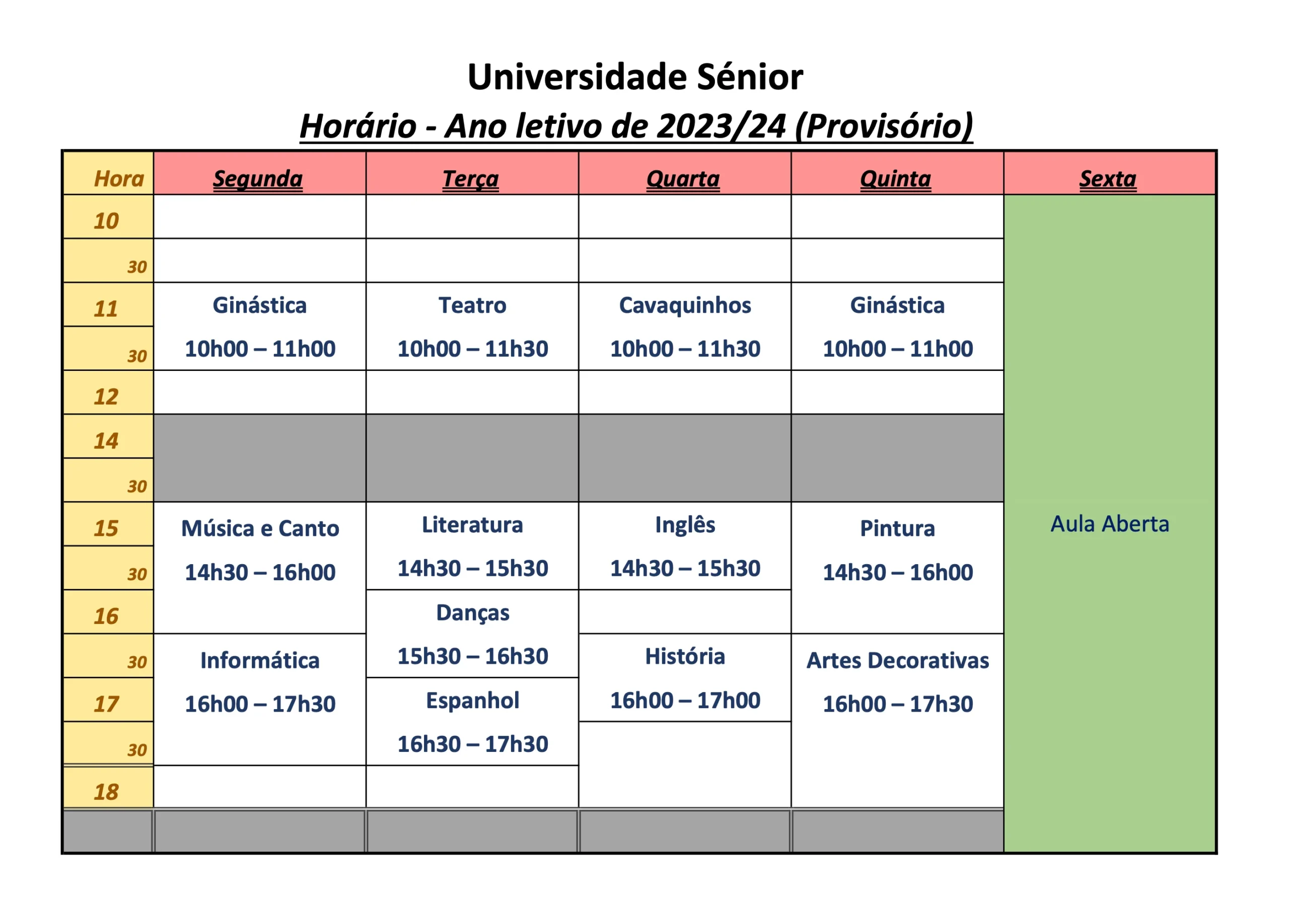 Horário para o Ano Lectivo 2023/2024