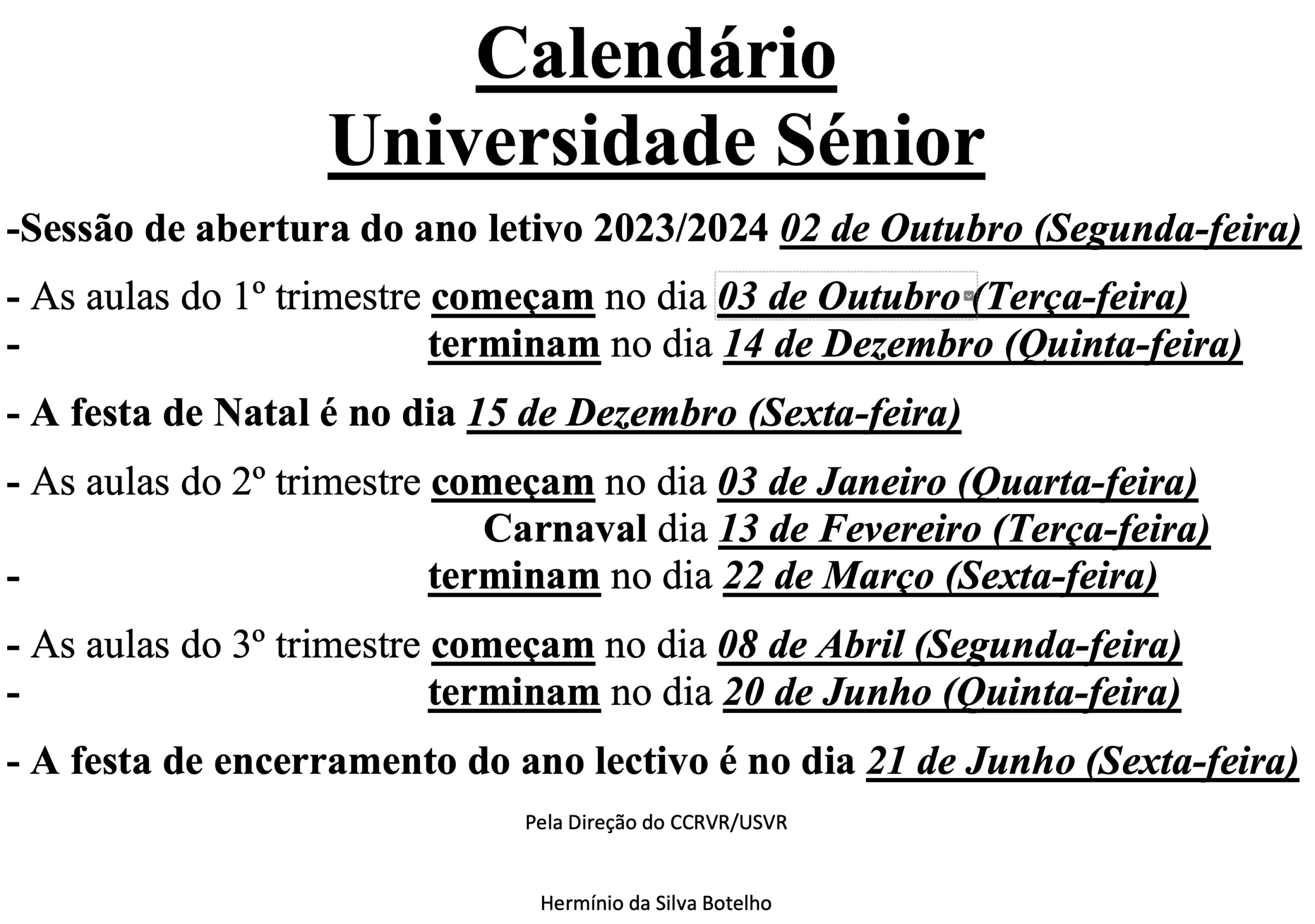 Calendário do Ano Lectivo 2023/2024