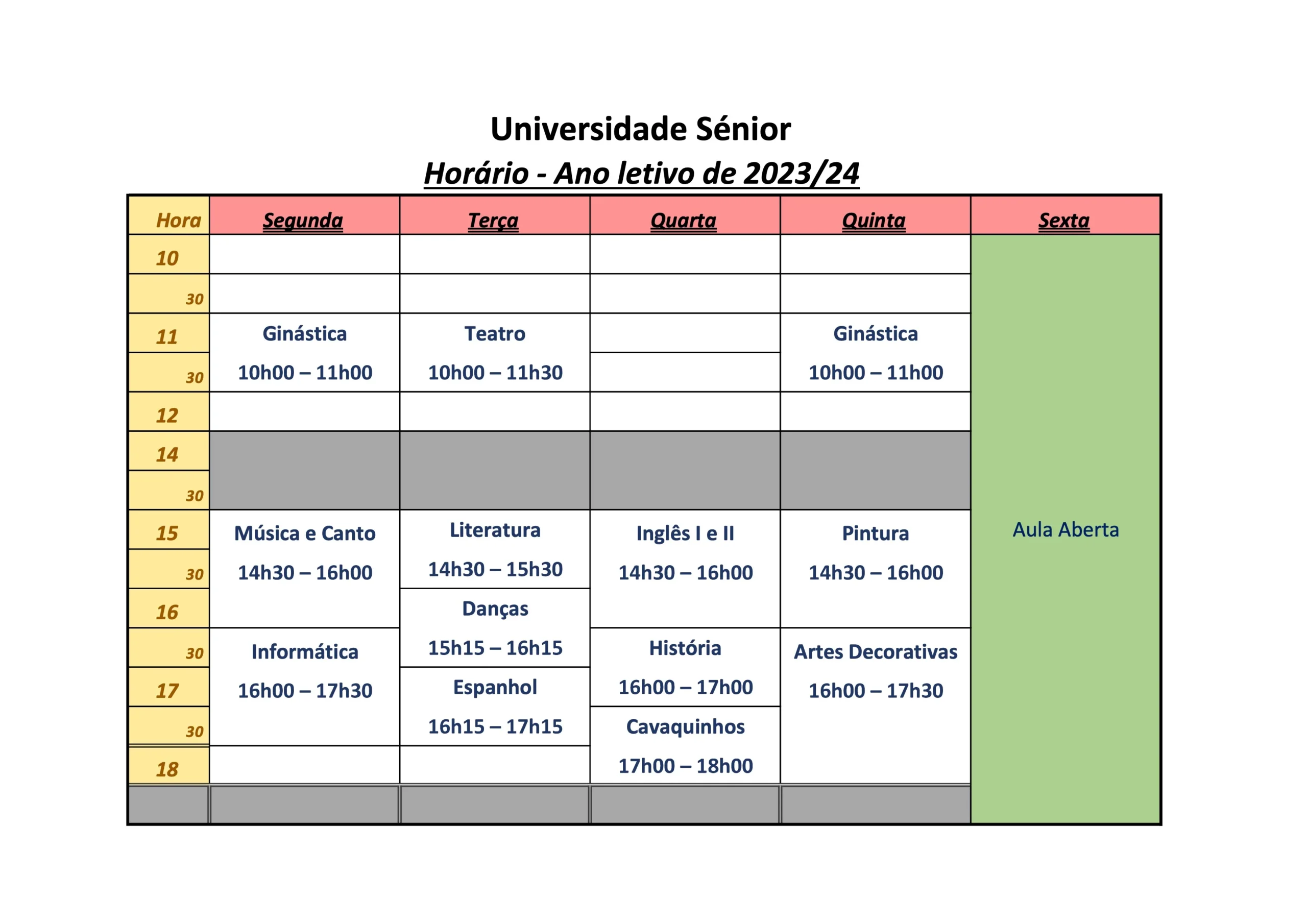 Horário U Sénior 2023/2024