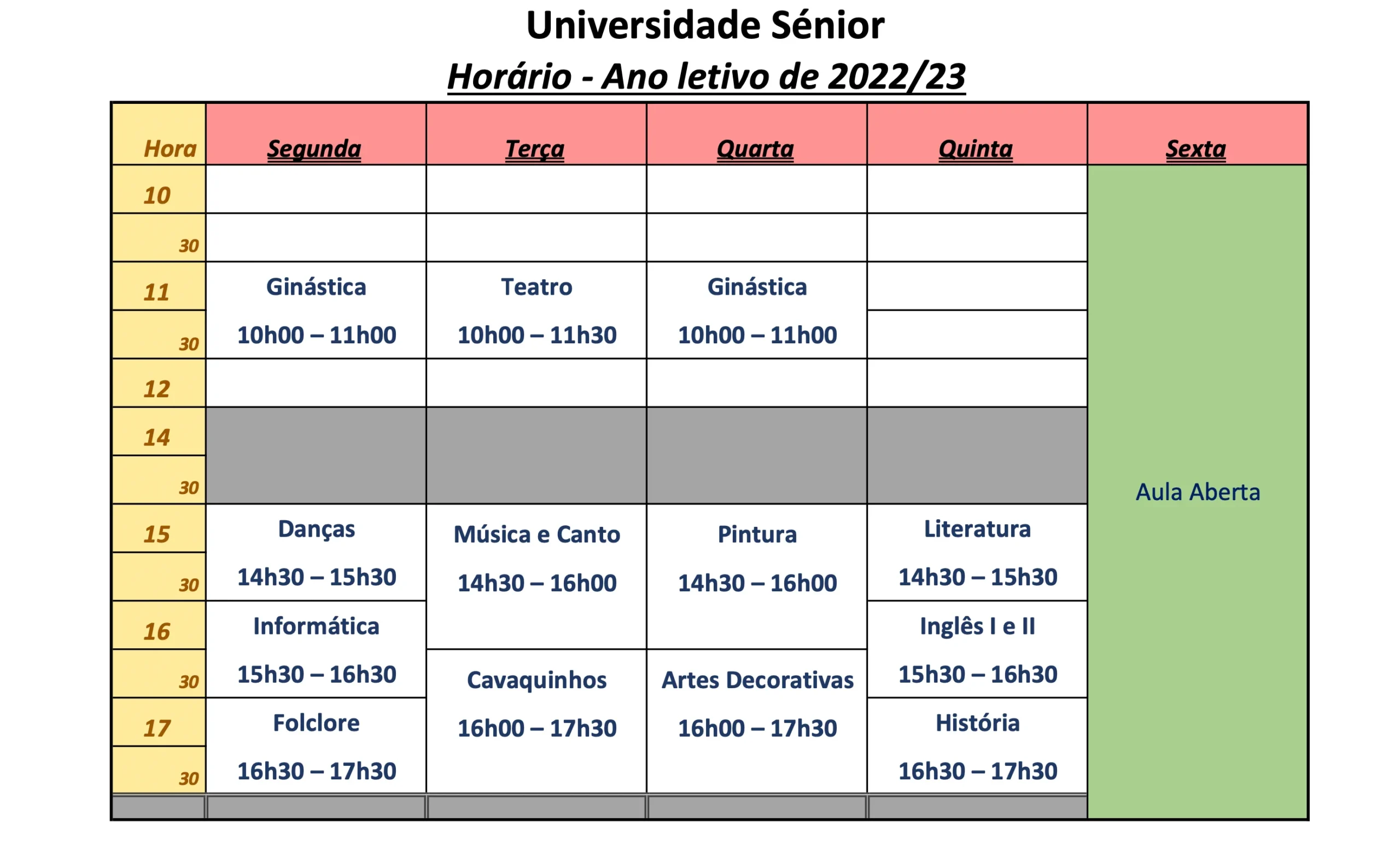 Horário USénior ano lectivo 2022/2023
